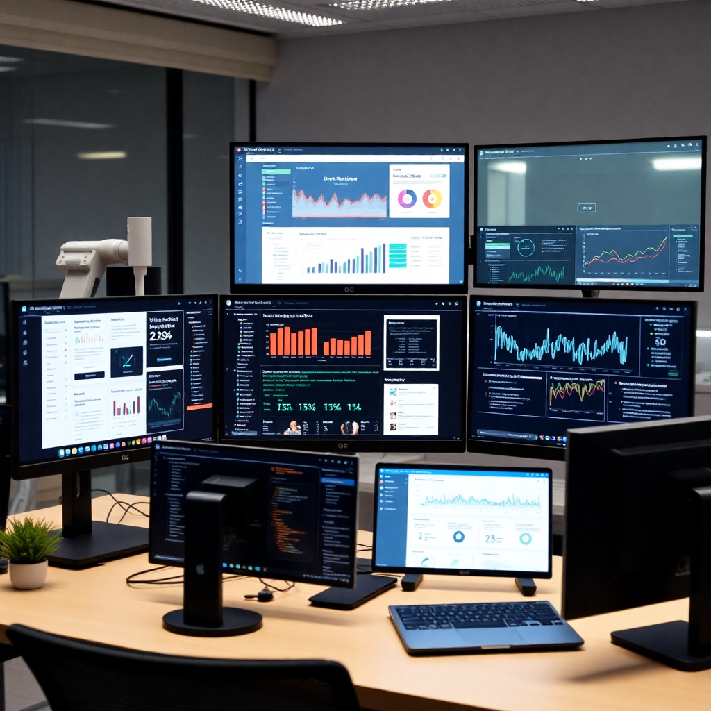 modern digital workspace with multiple screens showing web development, mobile apps, and analytics dashboards, professional tech environment